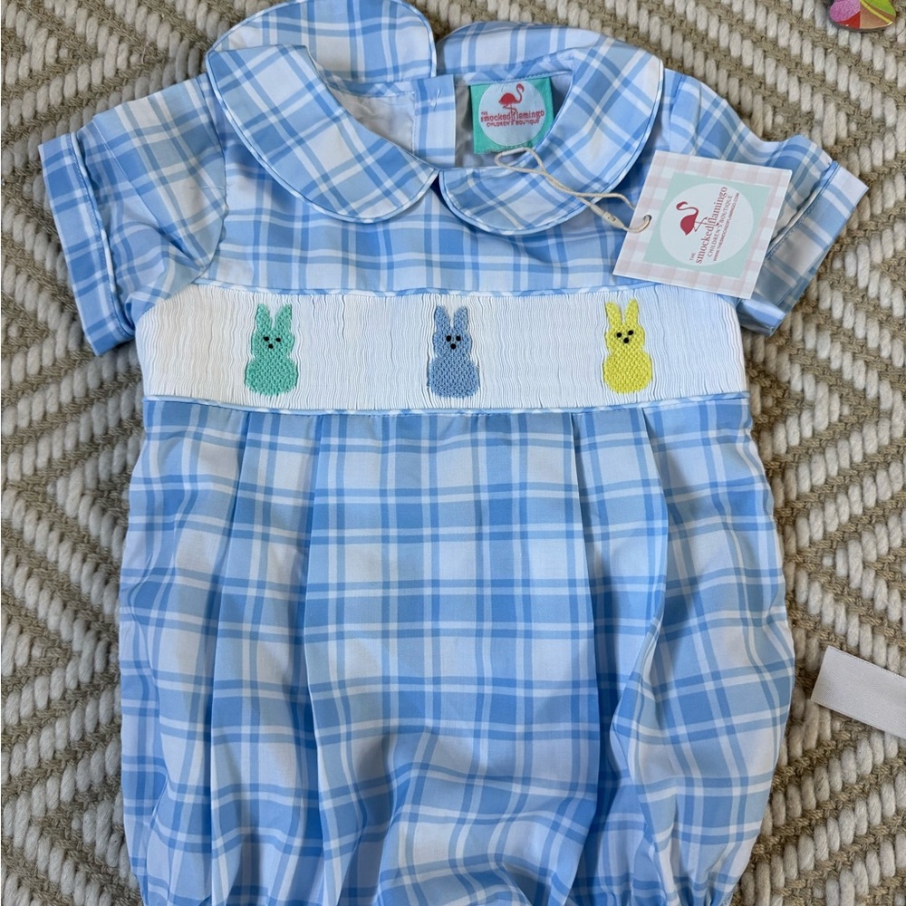 Blue Plaid Smocked One-Piece with Bunny Embroidery - Sea Island